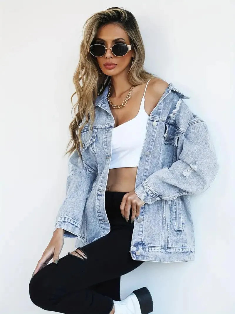 Wasserfeste & Gefütterte Oversized Damen Jeansjacke mit Kapuze – Talia