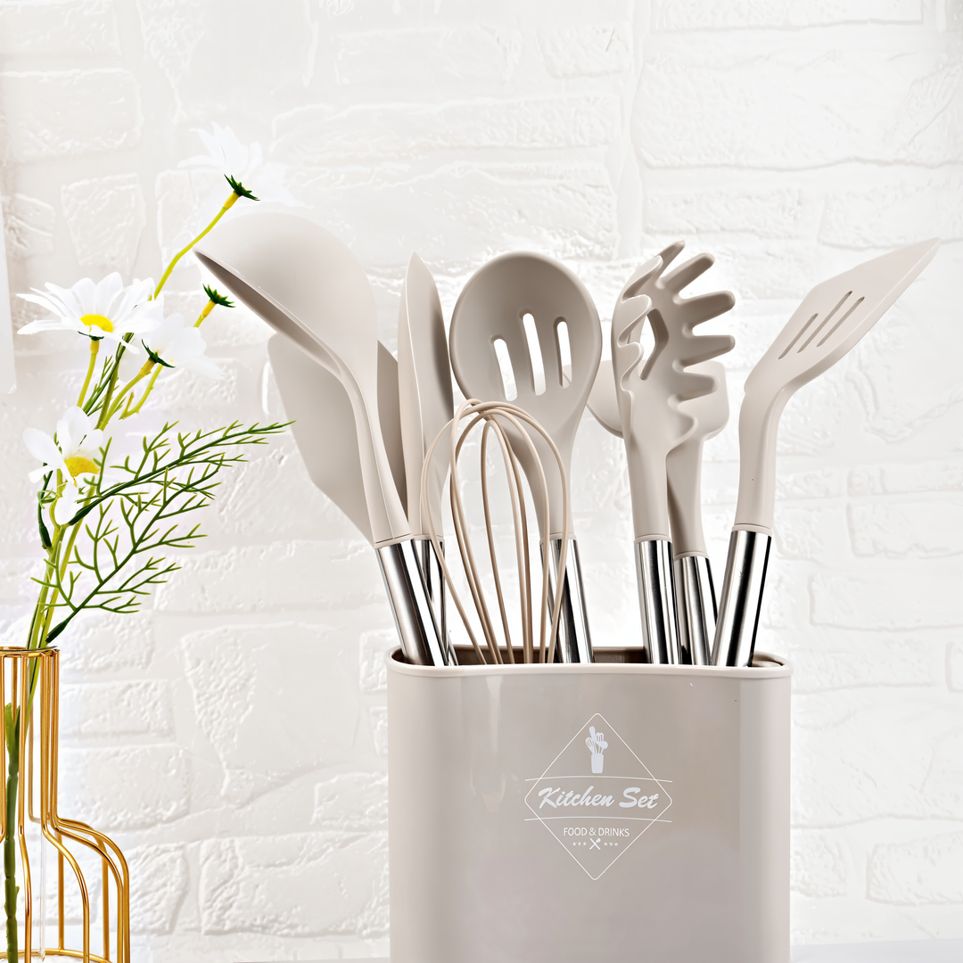 Küchenutensilien-Set | Silikon | 12-teilig | Vielseitig | Edelstahl | Stilvoll | Langlebig-Beige-Luzern Mode