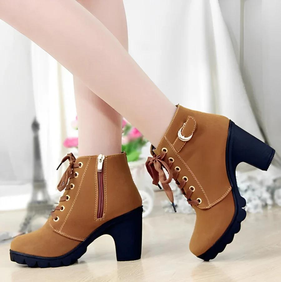 Damen Schnürstiefeletten mit Absatz und dicker Sohle – Yeda