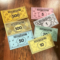 Musikbasiertes Brettspiel mit Songkarten und Monopolygeld für Spielabende