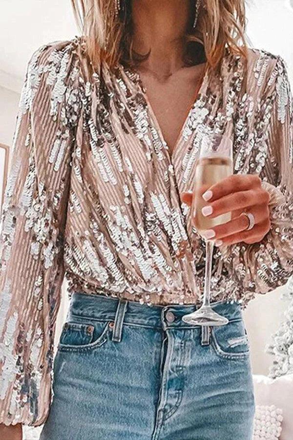 Funkelndes & Stilvolles Damen Glitzer V-Ausschnitt Langarm-Top – Naya