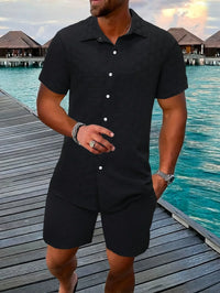 Herren Sommer Outfit | 2-teilig | Hemd | Kurze Ärmel | Knöpfe-Schwarz-S-Luzern Mode