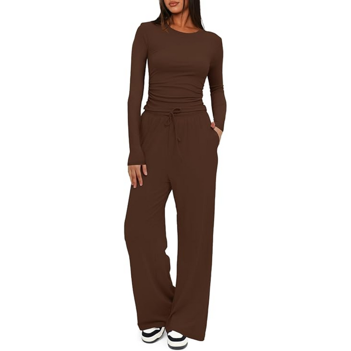 Damen Langarm Jogginganzug - Bequemer Freizeitanzug-Kaffee-74 cm-XS-Luzern Mode