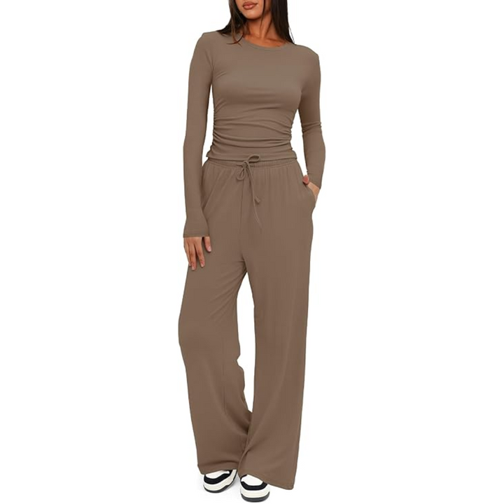 Damen Langarm Jogginganzug - Bequemer Freizeitanzug-Khaki-74 cm-XS-Luzern Mode