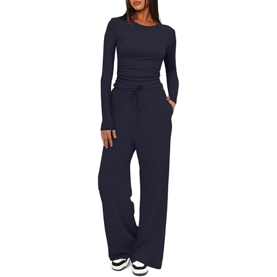 Damen Langarm Jogginganzug - Bequemer Freizeitanzug-Marineblau-74 cm-XS-Luzern Mode
