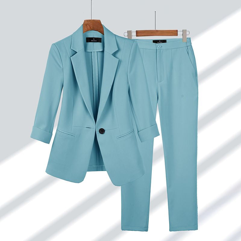 Damenanzug | Blazer | Hose | Einfarbig | Zweiteilig | Weicher Stoff-Blau-M-Luzern Mode