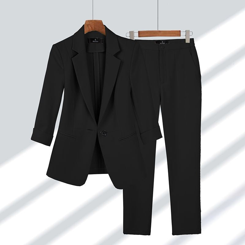 Damenanzug | Blazer | Hose | Einfarbig | Zweiteilig | Weicher Stoff-Schwarz-M-Luzern Mode