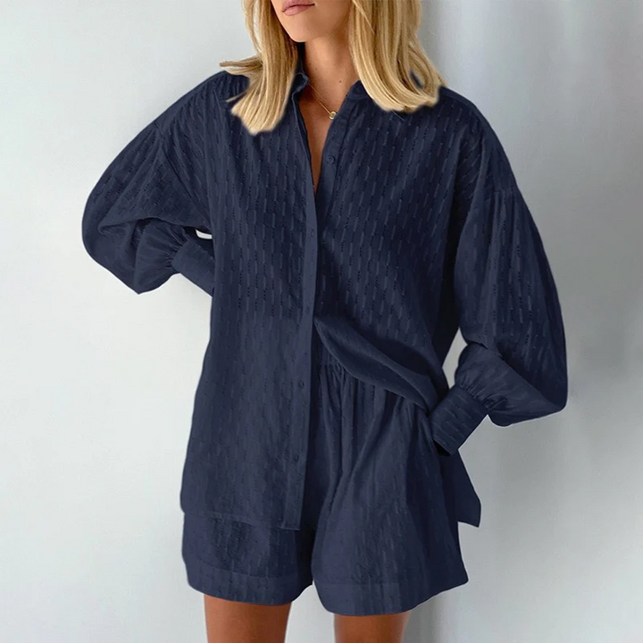 Damen Zomerset | 2-teilig | Bluse | Kurz | Unifarben | Lange Ärmel-Dunkelblau-XS-Luzern Mode