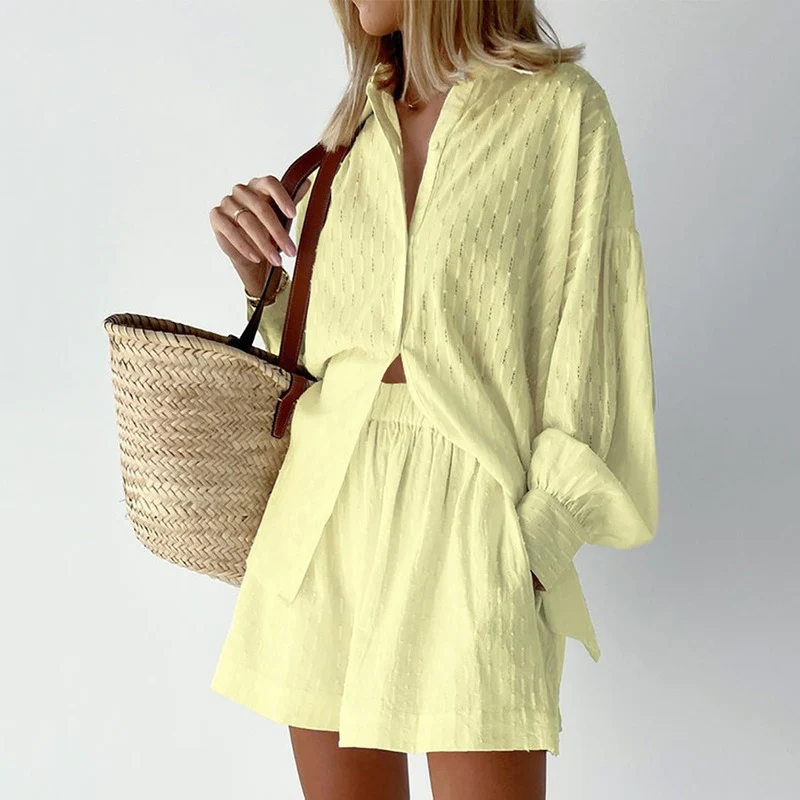 Damen Zomerset | 2-teilig | Bluse | Kurz | Unifarben | Lange Ärmel-Gelb-XS-Luzern Mode