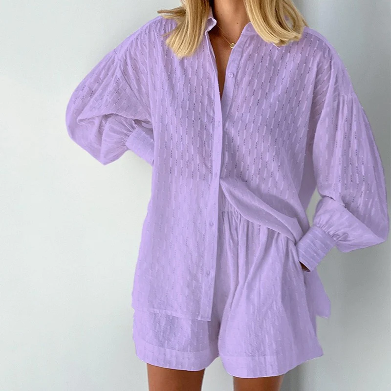 Damen Zomerset | 2-teilig | Bluse | Kurz | Unifarben | Lange Ärmel-Lila-XS-Luzern Mode