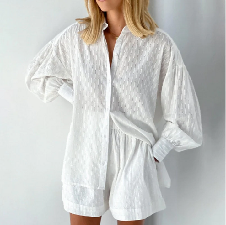 Damen Zomerset | 2-teilig | Bluse | Kurz | Unifarben | Lange Ärmel-Weiß-XS-Luzern Mode