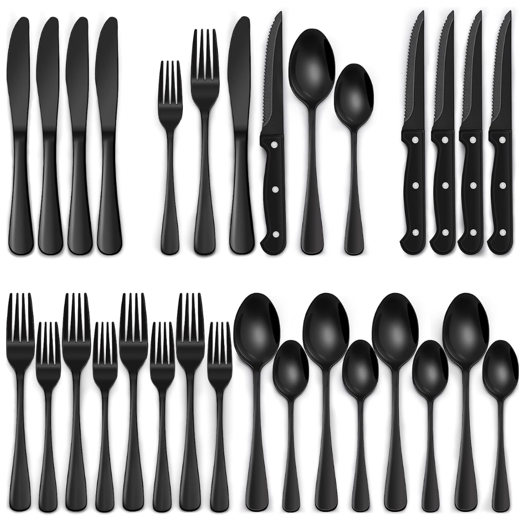 Schwarze Besteckset | 24-teilig Edelstahl Stilvoll Langlebig Modern-Runder Rand-Luzern Mode