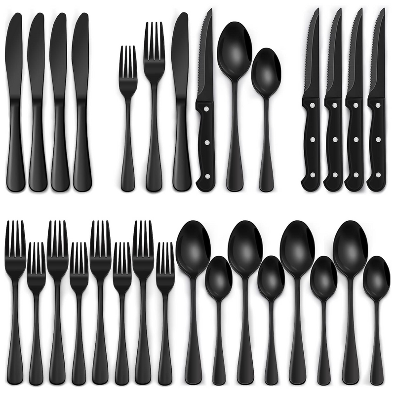 Schwarze Besteckset | 24-teilig Edelstahl Stilvoll Langlebig Modern-Runder Rand-Luzern Mode