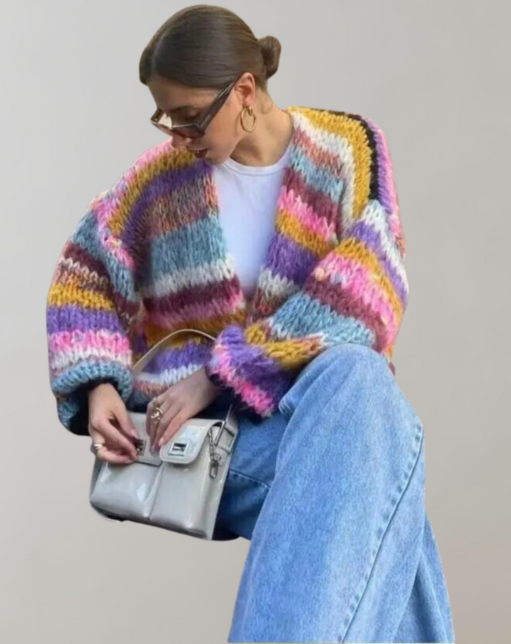 Farbenfrohes Strickdamenjacke mit offener Vorderseite – Ylva