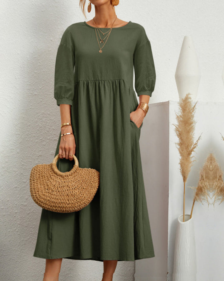 Midikleid mit Rundhalsausschnitt & Laternenärmeln – Selina