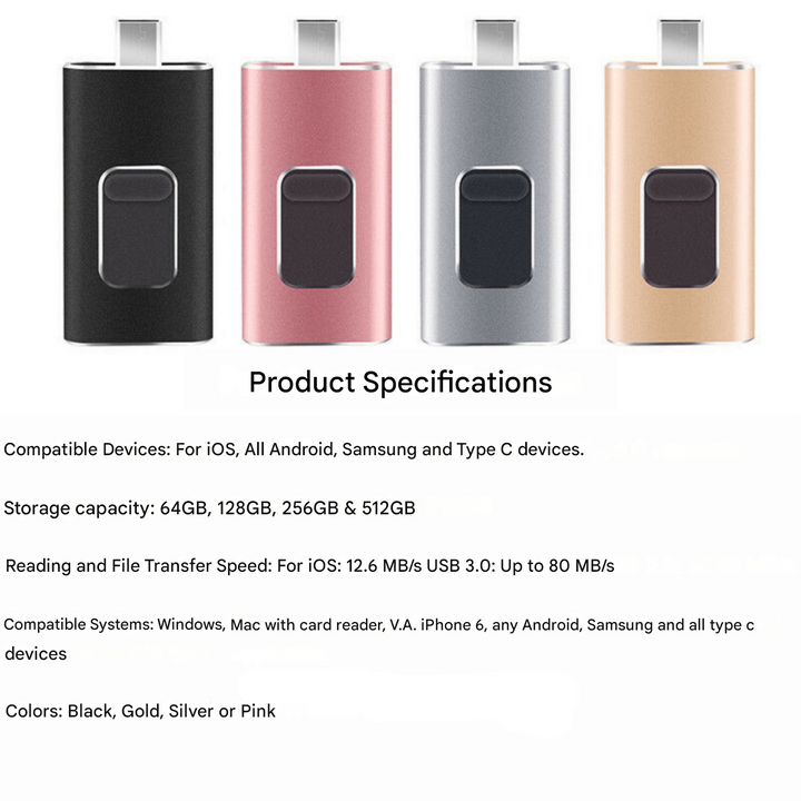 4-in-1 Flashlaufwerk | Universell | Kompakt | Sicher | USB-C | Lightning-Luzern Mode