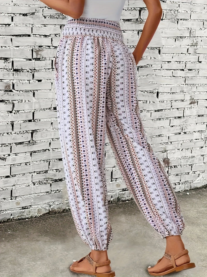 Boho High-Waist Damenhose mit Print & gesmoktem Bund – Linara