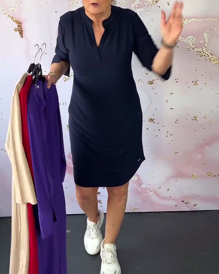 Stilvolles Damen Midikleid mit V-Ausschnitt & wandelbaren Ärmeln – Naria