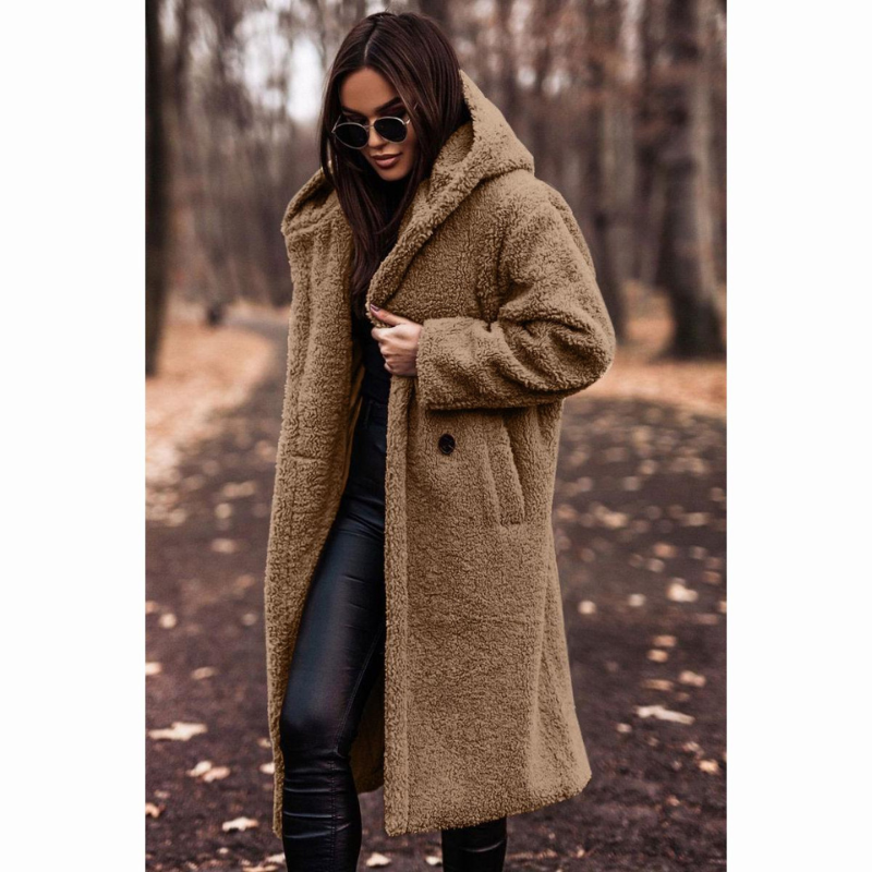 Langer Damen Teddy Mantel mit Kapuze – Maren