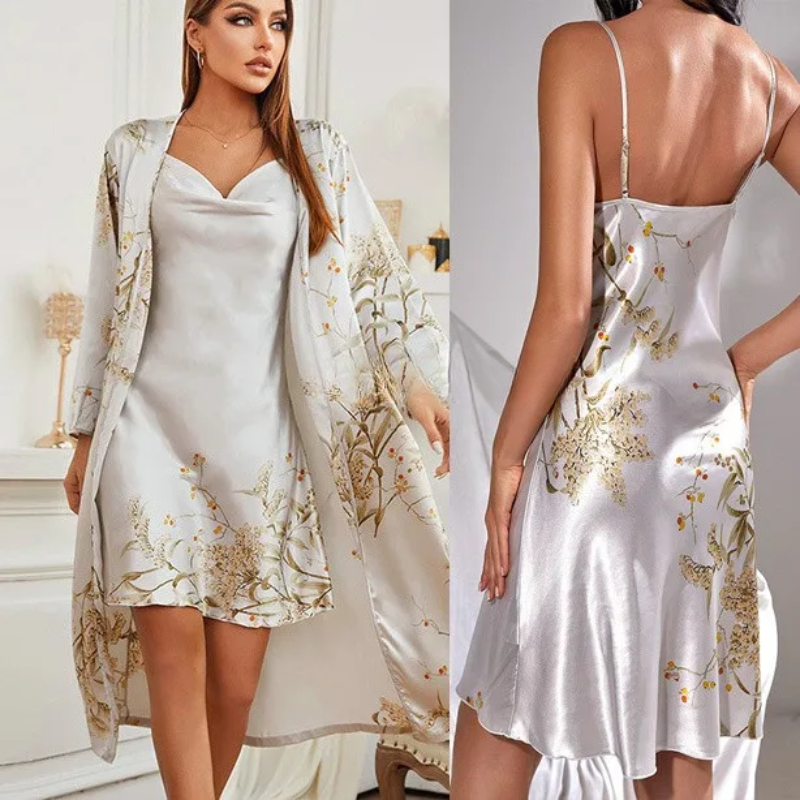 Zweiteiliges Satin-Nachthemd und Kimono mit Blumendruck – Noelle