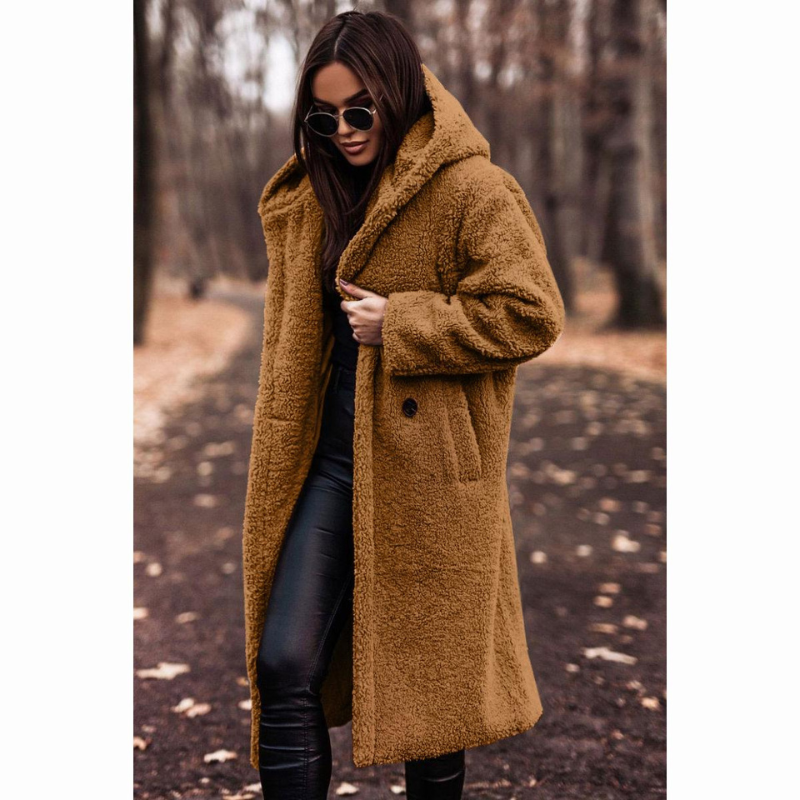 Langer Damen Teddy Mantel mit Kapuze – Maren