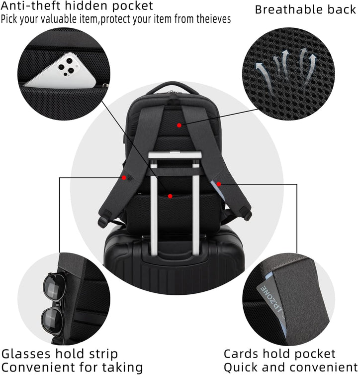Wasserdichter Reise-Laptoprucksack mit USB-Anschluss und organisierter Aufbewahrung