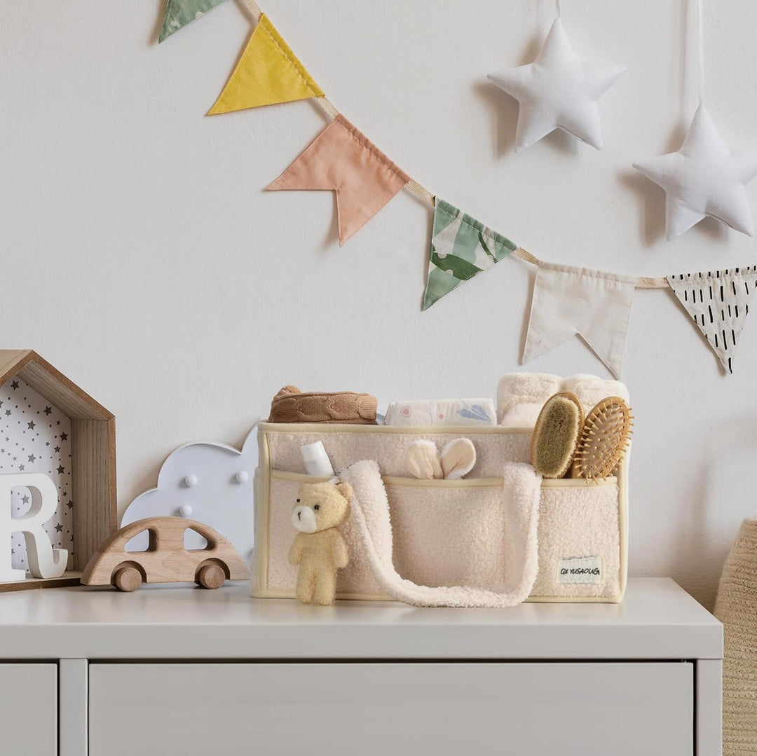 Baby Nappy Caddy Organizer – Plüsch Sherpa Aufbewahrungskorb mit Fächern – Elvoria