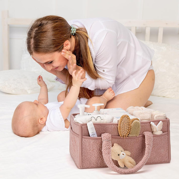 Baby Nappy Caddy Organizer – Plüsch Sherpa Aufbewahrungskorb mit Fächern – Elvoria