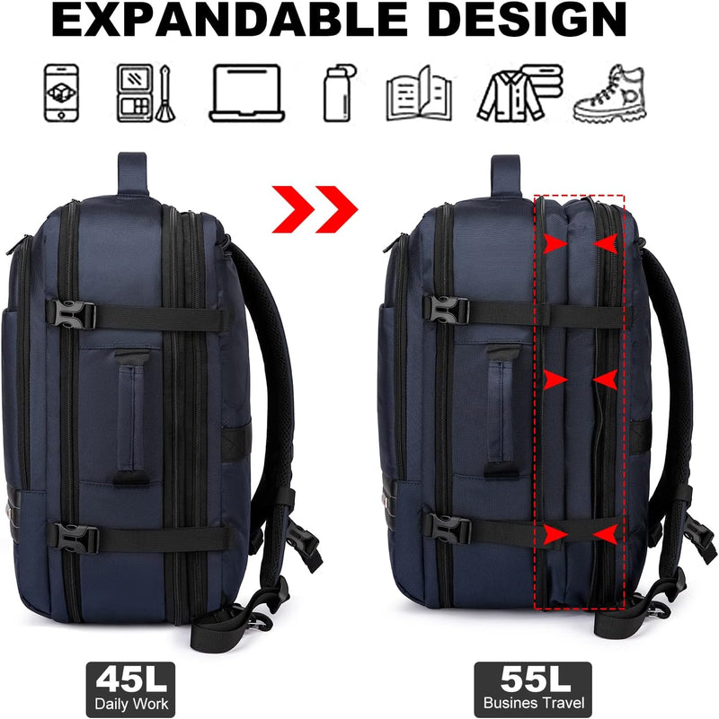 Erweiterbarer 45–55L Wasserdichter Reiserucksack mit 46,5 cm Laptopfach