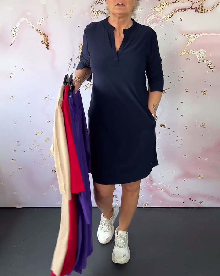 Stilvolles Damen Midikleid mit V-Ausschnitt & wandelbaren Ärmeln – Naria
