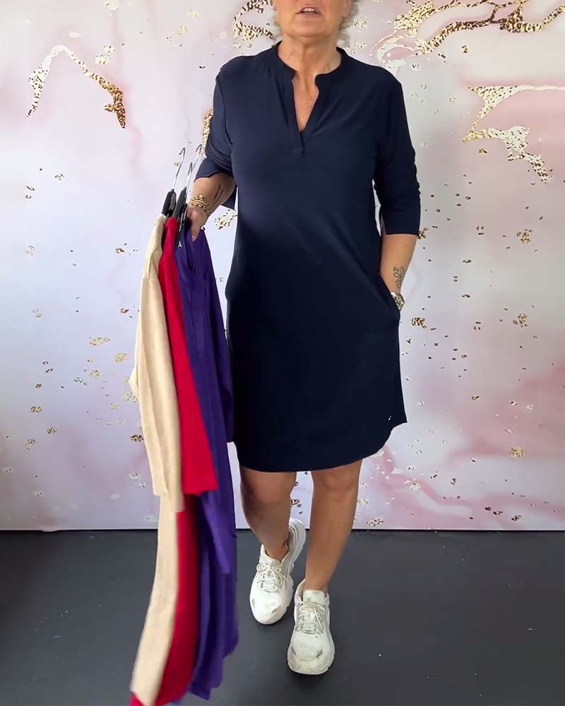 Stilvolles Damen Midikleid mit V-Ausschnitt & wandelbaren Ärmeln – Naria
