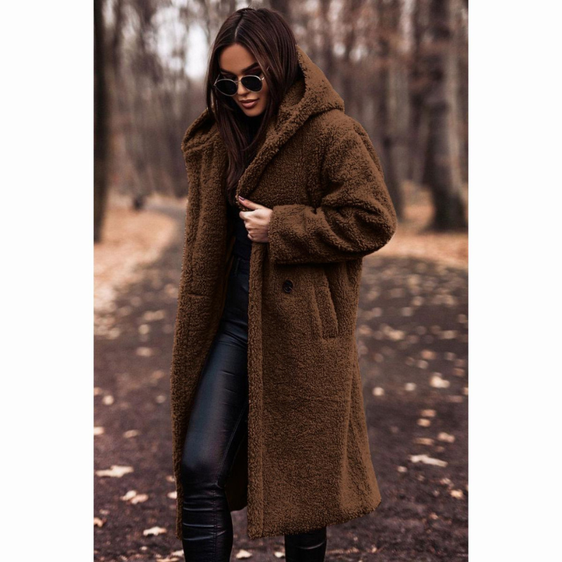 Langer Damen Teddy Mantel mit Kapuze – Maren