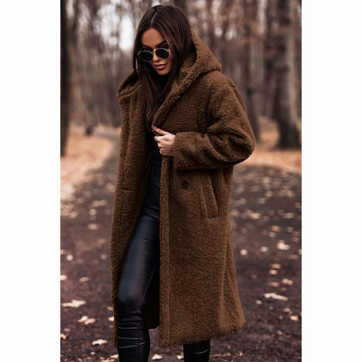 Langer Damen Teddy Mantel mit Kapuze – Maren
