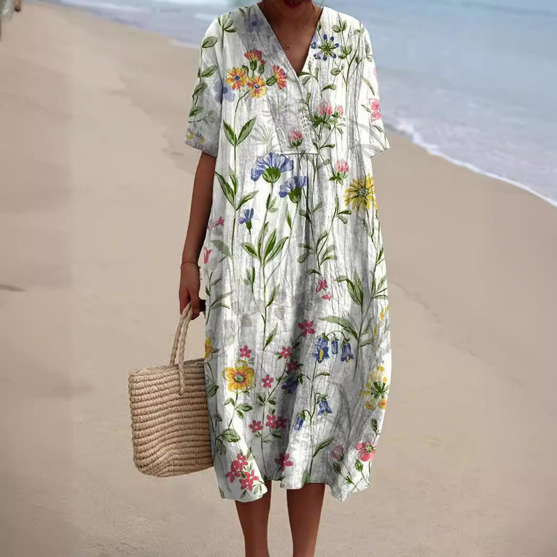 Leichtes Sommerblumenkleid mit V-Ausschnitt & Komfortschnitt – Talia