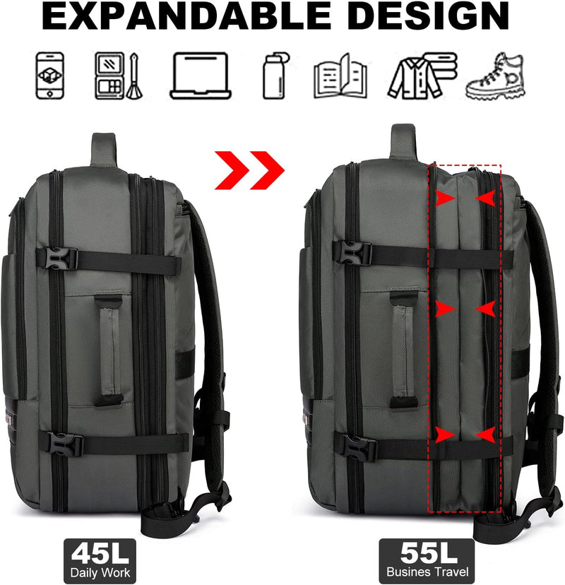 Erweiterbarer 45–55L Wasserdichter Reiserucksack mit 46,5 cm Laptopfach