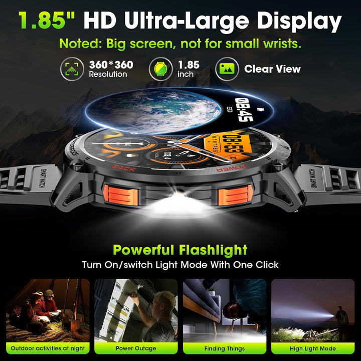 Militärische Smartwatch für Männer mit 1,85" HD-Bildschirm und Taschenlampe