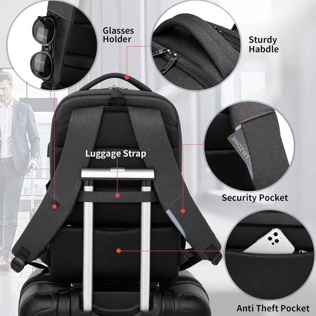 Wasserdichter Reise-Laptoprucksack mit USB-Anschluss und organisierter Aufbewahrung