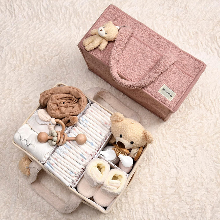 Baby Nappy Caddy Organizer – Plüsch Sherpa Aufbewahrungskorb mit Fächern – Elvoria
