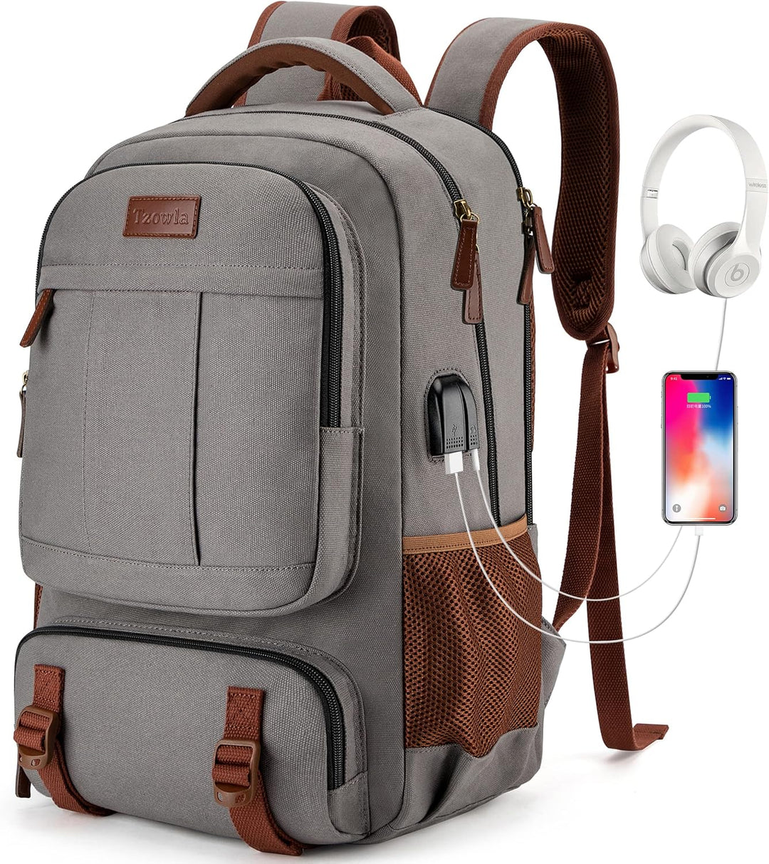 Anti-Diebstahl Canvas Laptop- und Reiserucksack mit USB-Anschluss – Geeignet für Laptops bis 43,94 cm