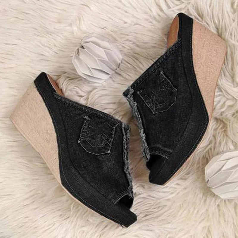 Damen Denim-Sandalen mit Keilabsatz – Elisabetta