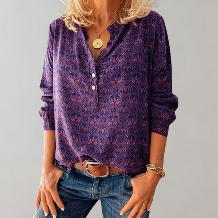 Vintage Damenbluse mit Knopfleiste und Print – Selina