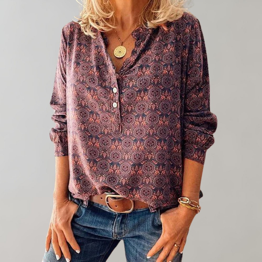 Vintage Damenbluse mit Knopfleiste und Print – Selina
