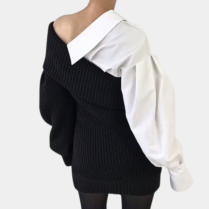 Gebrüschtes Off-Shoulder Kleid mit kontrastierenden Ärmeln – Selina
