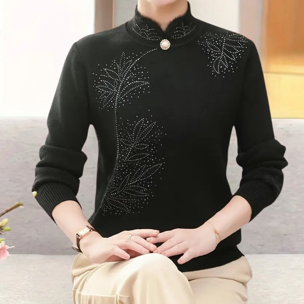 Strickjacke für Damen mit Blumenmuster und hohem Kragen – Alfhild