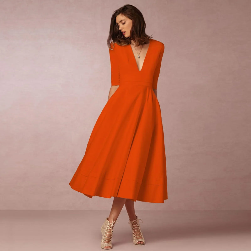 Deep V-Neck Midi Occasion Dress - Sophie