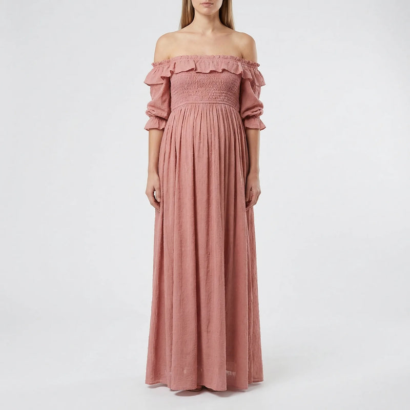 Gathered Waist Long Maternity Dress - Emily