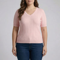 Geripptes Strickshirt Damen V-Ausschnitt - Silvia