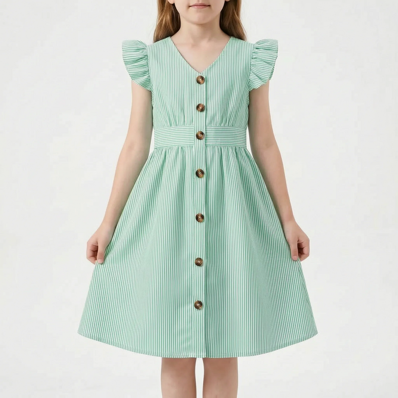 Gestreiftes Sommerkleid Hellblau Mit Flügelärmeln - Aerilys
