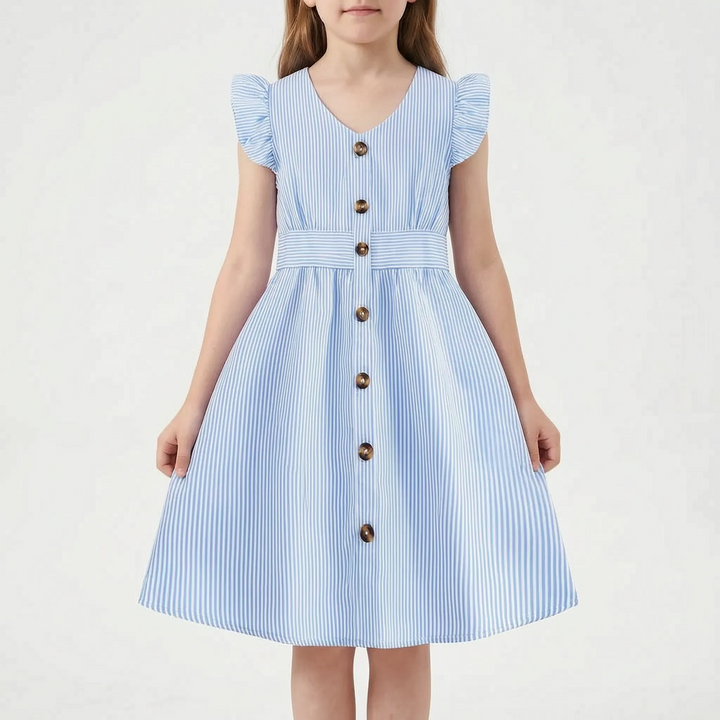 Gestreiftes Sommerkleid Hellblau Mit Flügelärmeln - Aerilys