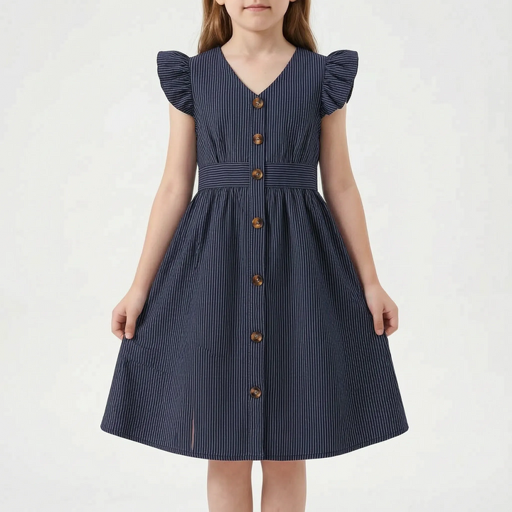 Gestreiftes Sommerkleid Hellblau Mit Flügelärmeln - Aerilys